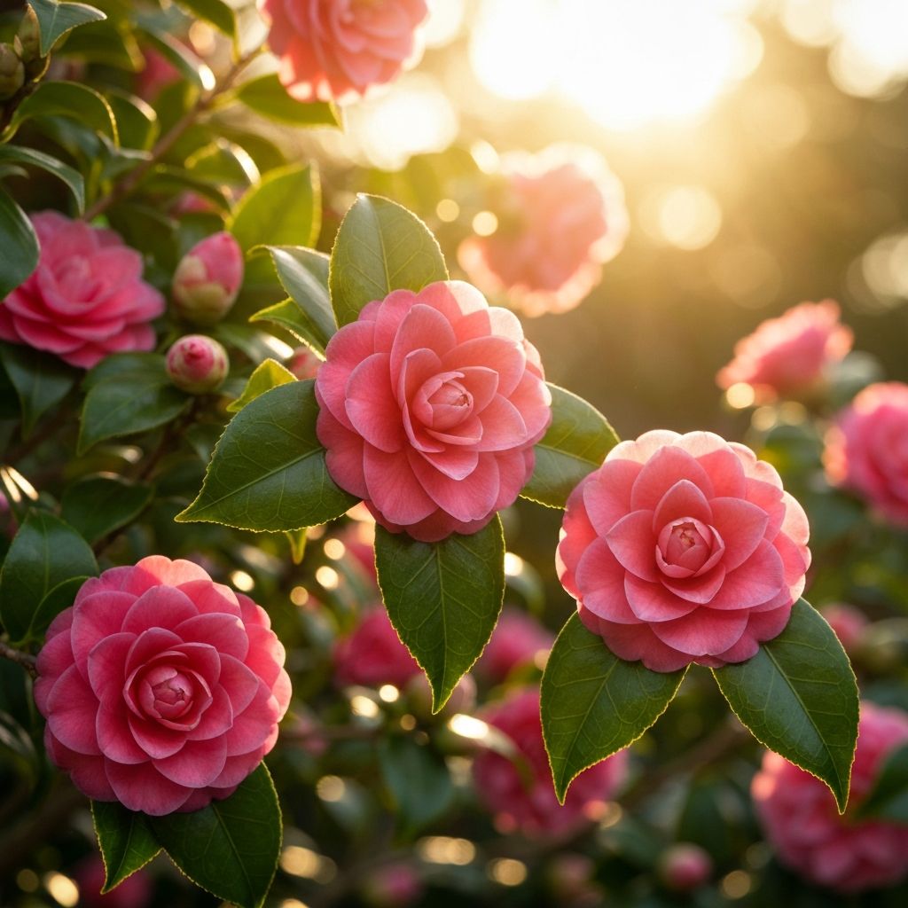 Camellia flowers in sunlight